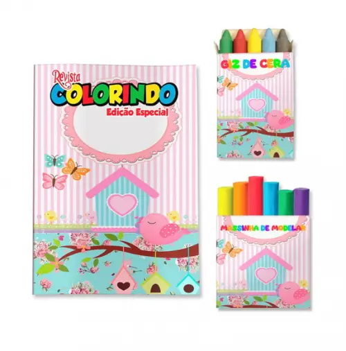 Kit Colorir com Massinha Jardim de Pássaros Rosa e Azul