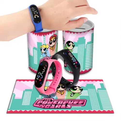 Kit Lembrancinha Meninas Super Poderosas Relógio + Cofrinho