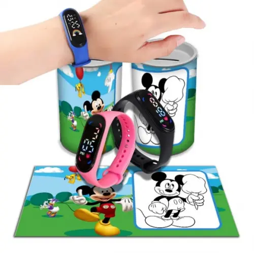 Kit Lembrancinha Mickey Relógio + Cofrinho Personalizado