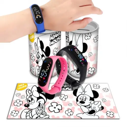 Kit Lembrancinha Minnie Relógio + Cofrinho Personalizado