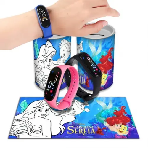 Kit Lembrancinha Pequena Sereia Ariel Relógio + Cofrinho
