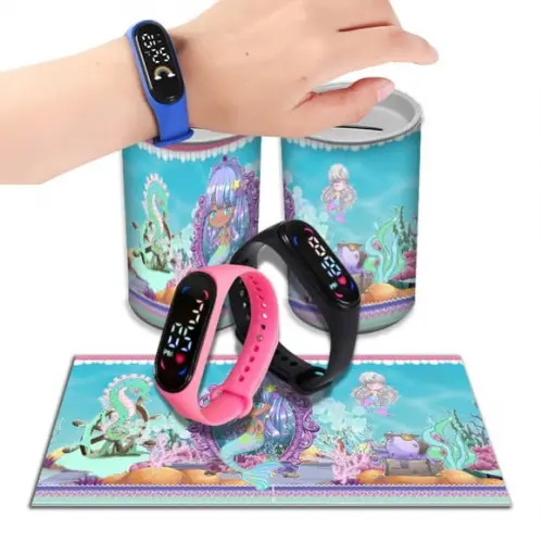Kit Lembrancinha Pequena Sereia Lilás Relógio + Cofrinho