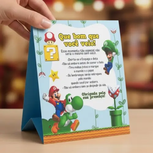 Placa de Agradecimento Super Mario Bros Centro de Mesa