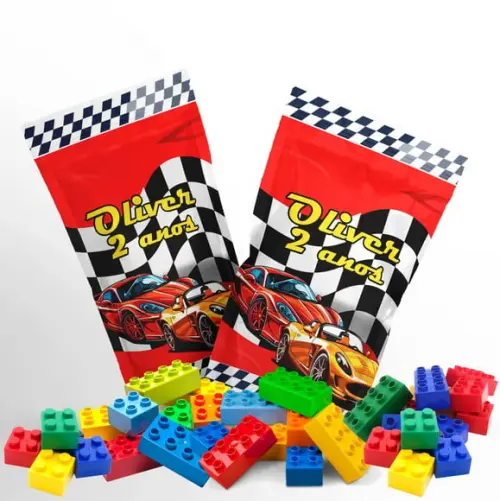 Saquinho Metalizado Ziplock Blocos de Montar Carros no Zip Lock Personalizado | Lembrancinha Festa Infantil