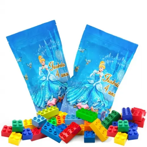 Saquinho Metalizado Ziplock Blocos de Montar Cinderela no Zip Lock Personalizado | Lembrancinha Festa Infantil