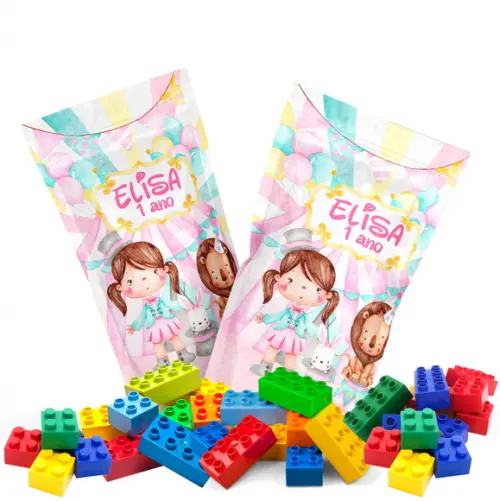 Saquinho Metalizado Ziplock Blocos de Montar Circo Rosa no Zip Lock Personalizado | Lembrancinha Festa Infantil