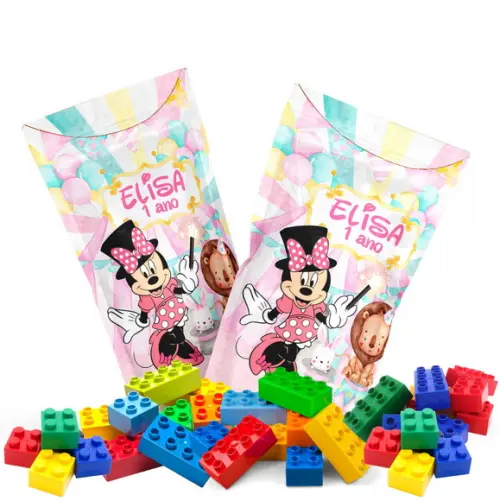 Saquinho Metalizado Ziplock Blocos de Montar Circo Rosa da Minnie no Personalizado | Lembrancinha Festa Infantil