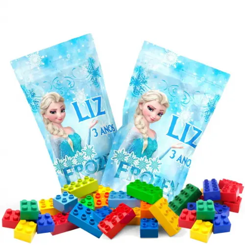 Saquinho Metalizado Ziplock Blocos de Montar Frozen no Zip Lock Personalizado | Lembrancinha Festa Infantil