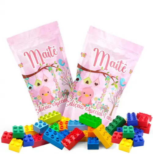 Saquinho Metalizado Ziplock Blocos de Montar Jardim de Pássaros no Personalizado | Lembrancinha Festa Infantil