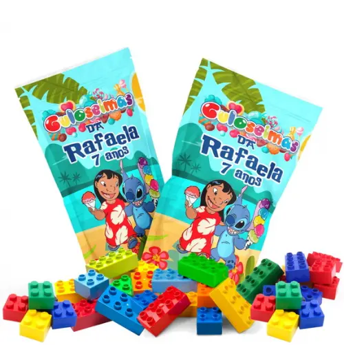 Saquinho Metalizado Ziplock Blocos de Montar Lilo e Stitch no Zip Personalizado | Lembrancinha Festa Infantil