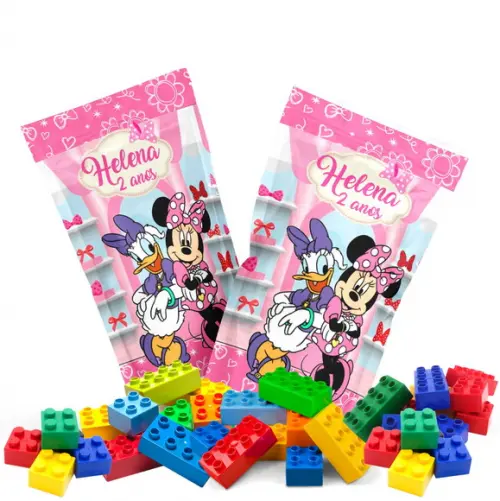 Saquinho Metalizado Ziplock Blocos de Montar Minnie e Margarida no Personalizado | Lembrancinha Festa Infantil