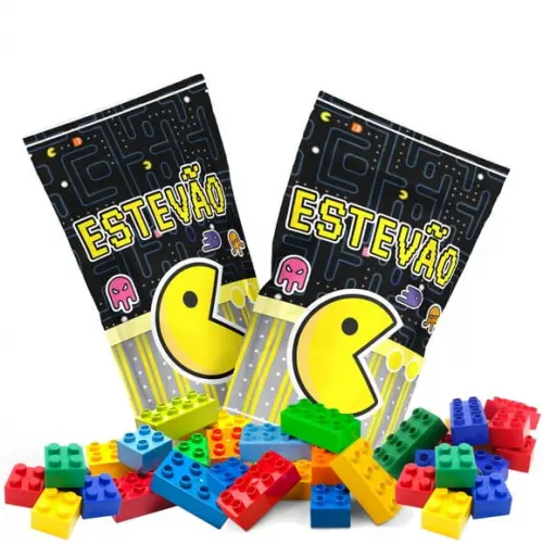 Saquinho Metalizado Ziplock Blocos de Montar Pacman no Personalizado | Lembrancinha Festa Infantil