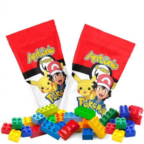 Saquinho Metalizado Ziplock Blocos de Montar Pokémon no Personalizado | Lembrancinha Festa Infantil