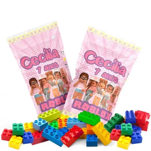 Saquinho Metalizado Ziplock Blocos de Montar Roblox Rosa no Personalizado | Lembrancinha Festa Infantil