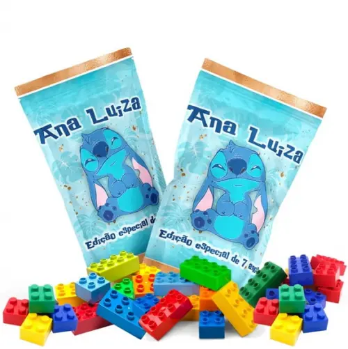 Saquinho Metalizado Ziplock Blocos de Montar Stitch no Zip Personalizado | Lembrancinha Festa Infantil
