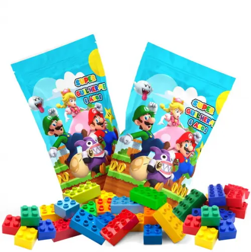 Saquinho Metalizado Ziplock Blocos de Montar Super Mario no Personalizado | Lembrancinha Festa Infantil