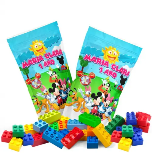Saquinho Metalizado Ziplock Blocos de Montar Turma do Mickey no Personalizado | Lembrancinha Festa Infantil