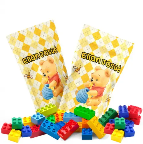 Saquinho Metalizado Ziplock Blocos de Montar Ursinho Pooh no Personalizado | Lembrancinha Festa Infantil