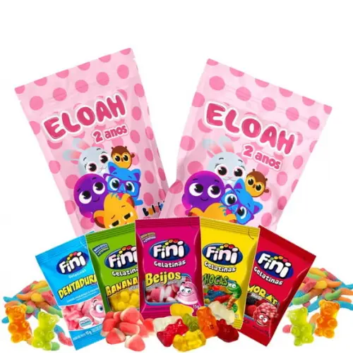 Saquinho Metalizado Ziplock Fini Bolofofos Rosa no Zip Lock Personalizado | Lembrancinha Festa Infantil