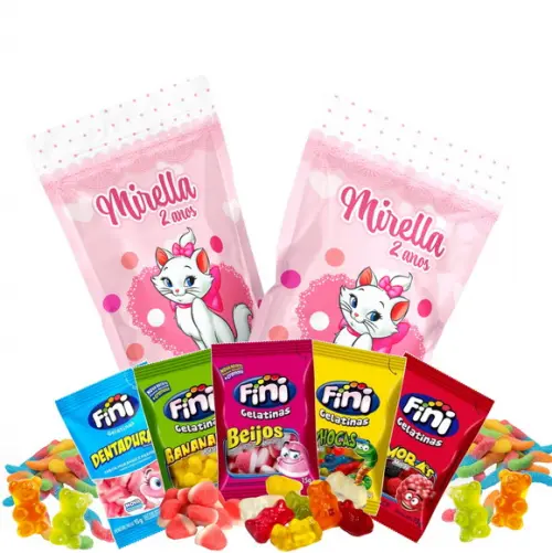 Saquinho Metalizado Ziplock Fini Gatinha Marie no Zip Lock Personalizado | Lembrancinha Festa Infantil