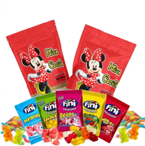 Saquinho Metalizado Ziplock Fini Minnie Vermelha no Zip Lock Personalizado | Lembrancinha Festa Infantil