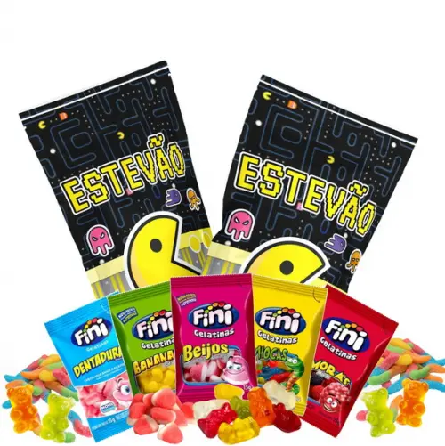 Saquinho Metalizado Ziplock Fini Pacman Video Game no Zip Lock Personalizado | Lembrancinha Festa Infantil