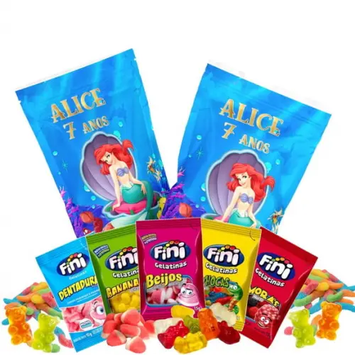Saquinho Metalizado Ziplock Fini Pequena Sereia Ariel no Zip Lock Personalizado | Lembrancinha Festa Infantil