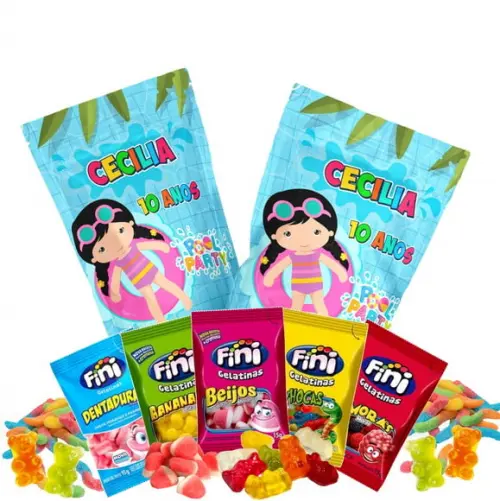 Saquinho Metalizado Ziplock Fini Pool Party Menina no Zip Lock Personalizado | Lembrancinha Festa Infantil
