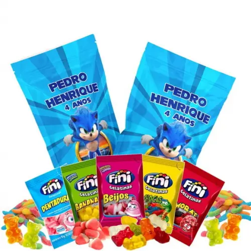 Saquinho Metalizado Ziplock Fini Sonic no Zip Lock Personalizado | Lembrancinha Festa Infantil