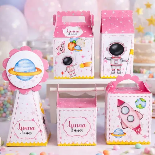 Kit 40 Caixinhas Astronauta Rosa Menina Lembrancinhas | Lembrancinha Festa Infantil
