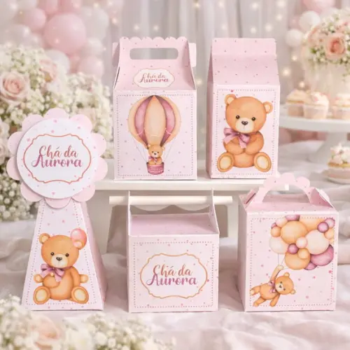 Kit 40 Caixinhas Chá de Bebê Ursinha Rosa Personalizadas | Lembrancinha Festa Infantil