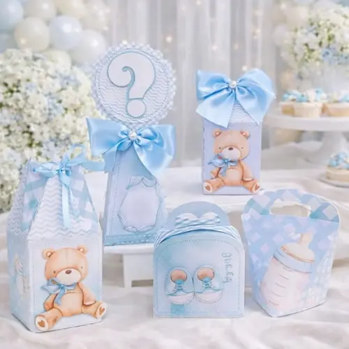 Kit 40 Caixinhas Chá de Bebê Ursinho Azul Personalizadas | Lembrancinha Festa Infantil