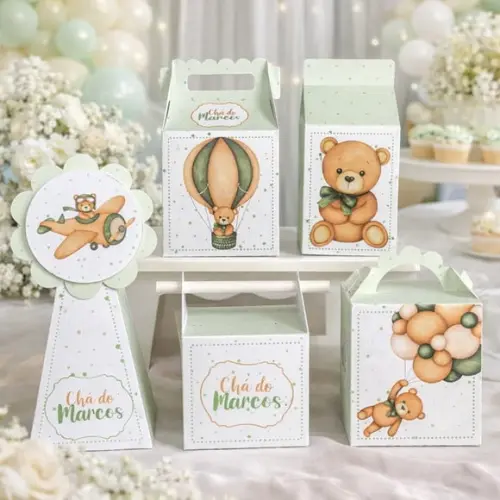 Kit 40 Caixinhas Chá de Bebê Ursinho Verde Personalizadas | Lembrancinha Festa Infantil