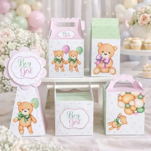 Kit 40 Caixinhas Chá Reveleção Ursinhos Verde e Lilás | Lembrancinha Festa Infantil