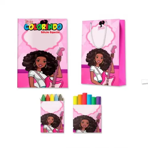 Livro de Colorir + Massinha e Sacola Barbie Negra Cabelo Cacheado Personalizado | Kit Colorir Infantil | Lembrancinha...