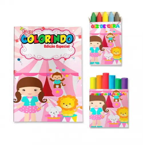 Livro de Colorir Massinha Circo Menina Rosa Personalizado | Kit Colorir Infantil | Lembrancinha Festa Infantil