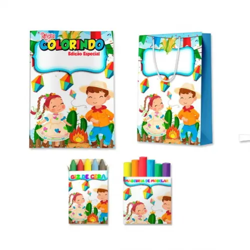 Livro de Colorir Massinha e Sacola Arraiá Festa Junina Personalizado | Kit Colorir Infantil | Lembrancinha Festa Infa...