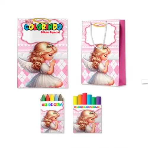 Livro de Colorir Massinha e Sacola Batizado Rosa Menina Anjo Personalizado | Kit Colorir Infantil | Lembrancinha Fest...