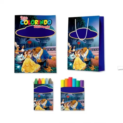 Livro de Colorir Massinha e Sacola Bela e a Fera Personalizado | Kit Colorir Infantil | Lembrancinha Festa Infantil