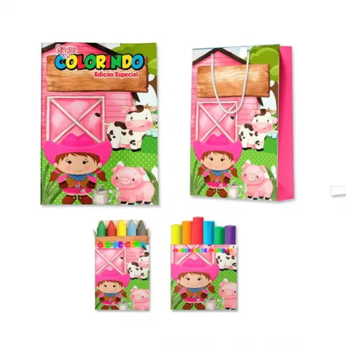 Livro de Colorir Massinha e Sacola Fazendinha Rosa Personalizado | Kit Colorir Infantil | Lembrancinha Festa Infantil