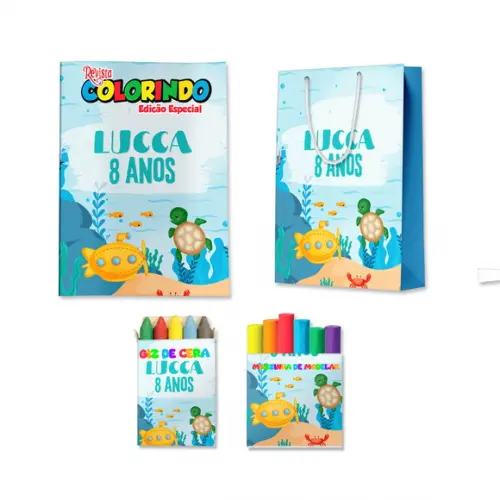 Livro de Colorir Massinha e Sacola Fundo do Mar Personalizado | Kit Colorir Infantil | Lembrancinha Festa Infantil