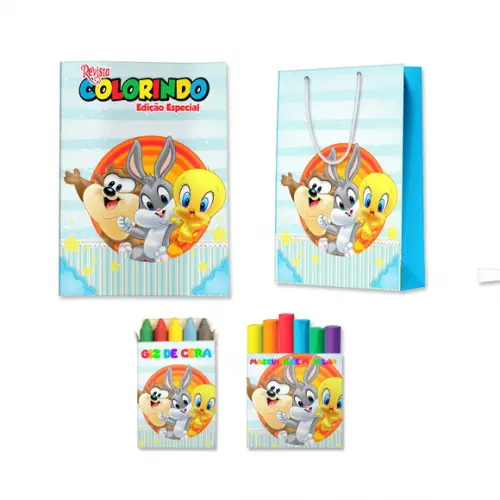 Livro de Colorir Massinha e Sacola Looney Tunes Personalizado | Kit Colorir Infantil | Lembrancinha Festa Infantil