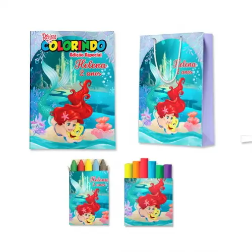 Livro de Colorir Massinha e Sacola Pequena Sereia Ariel Personalizado | Kit Colorir Infantil | Lembrancinha Festa Inf...