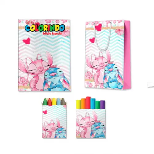 Livro de Colorir Massinha e Sacola Stitch e Angel Personalizado | Kit Colorir Infantil | Lembrancinha Festa Infantil