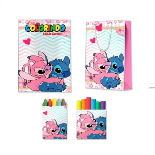 Livro de Colorir Massinha e Sacola Stitch e Angel Personalizado | Kit Colorir Infantil | Lembrancinha Festa Infantil