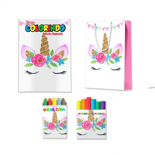 Livro de Colorir Massinha e Sacola Unicórnio Personalizado | Kit Colorir Infantil | Lembrancinha Festa Infantil