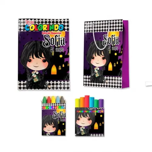 Livro de Colorir Massinha e Sacola Wandinha Personalizado | Kit Colorir Infantil | Lembrancinha Festa Infantil