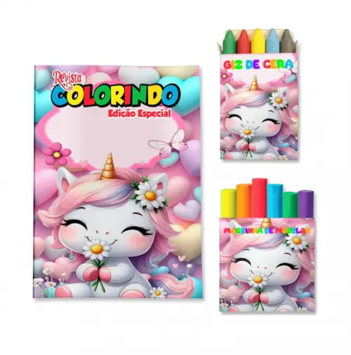 Livro de Colorir Massinha Unicórnio Personalizado | Kit Colorir Infantil | Lembrancinha Festa Infantil
