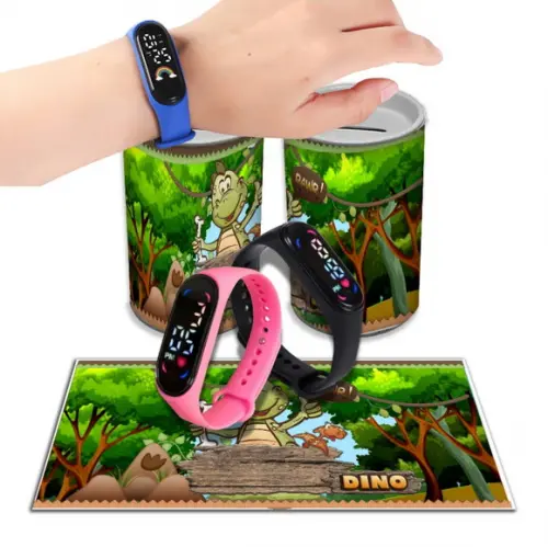 Kit Lembrancinha Dino Baby Relógio + Cofrinho Personalizado | Lembrancinha Festa Infantil