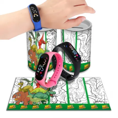 Kit Lembrancinha Dino Baby Relógio + Cofrinho Personalizado | Lembrancinha Festa Infantil